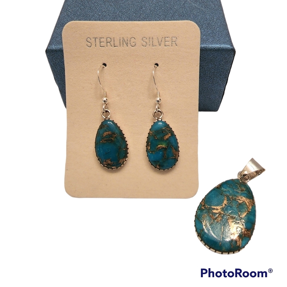 Nib 925 Sterling Silver Gold Color Matrix Turquoise Earrings And Pendant